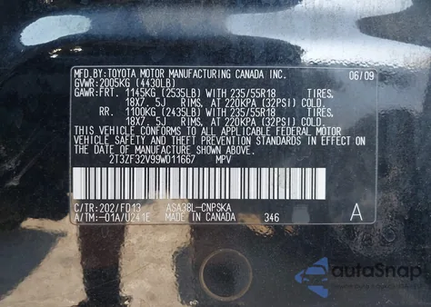 2009 Toyota Rav4 Sport z USA, uszkodzony, nr VIN 2T3ZF32V99W011667